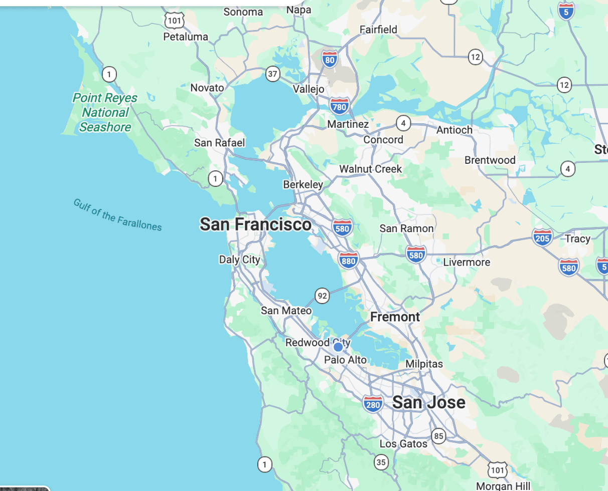 Map of the San Francisco Bay Area. A highlighted corridor runs from Daly City to San Jose, marking the core no-extra-fee service zone.